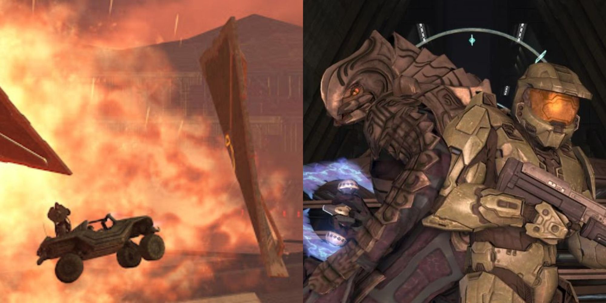 Split image of the warthog jumping into fire and Master Chief standing with the Arbiter