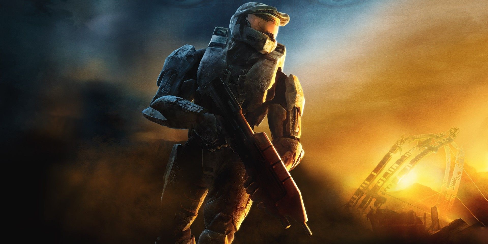 Masterchief in front of an orange backdrop