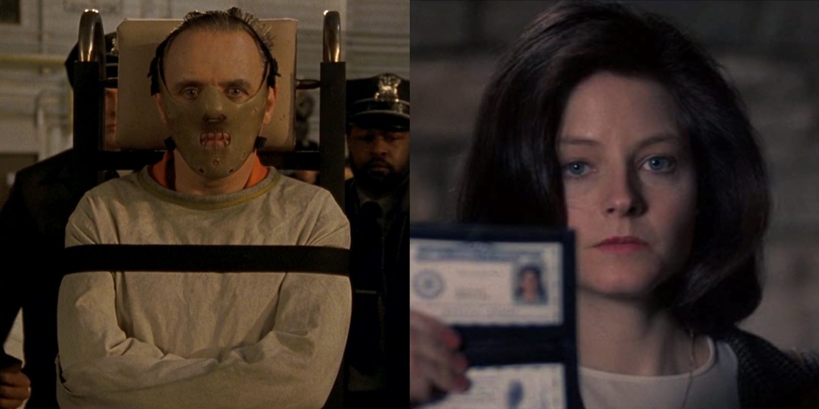 Hannibal Lecter in a straitjacket and Clarice Starling showing her FBI badge in The Silence of the Lambs