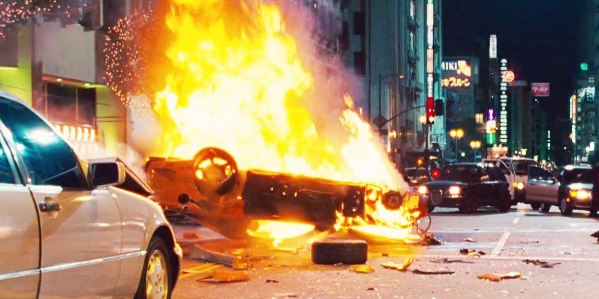 Han's car explodes in Fast and the Furious Tokyo Drift