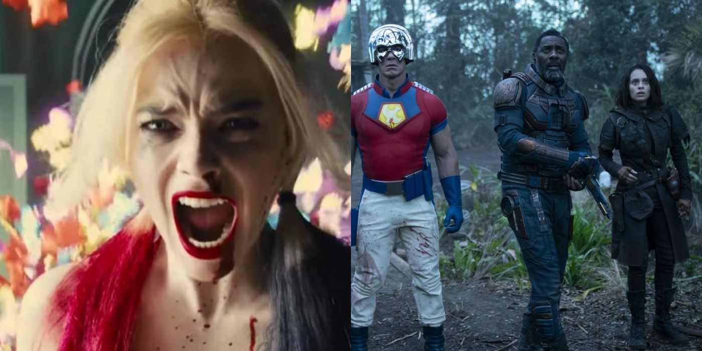 Split image: Harley Quinn, Peacemaker, Bloodsport, and Ratcatcher 2 from The Suicide Squad