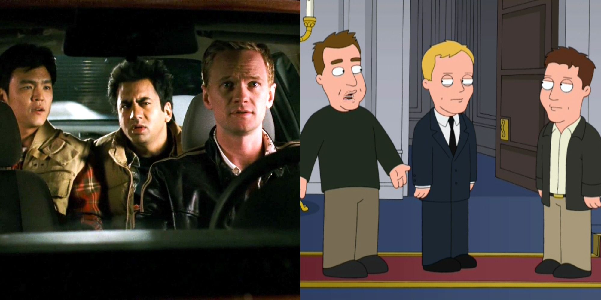 Split image showing the Neil Patrick Harris with Harold and Kumar, and the male cast of HIMYM in Family Guy