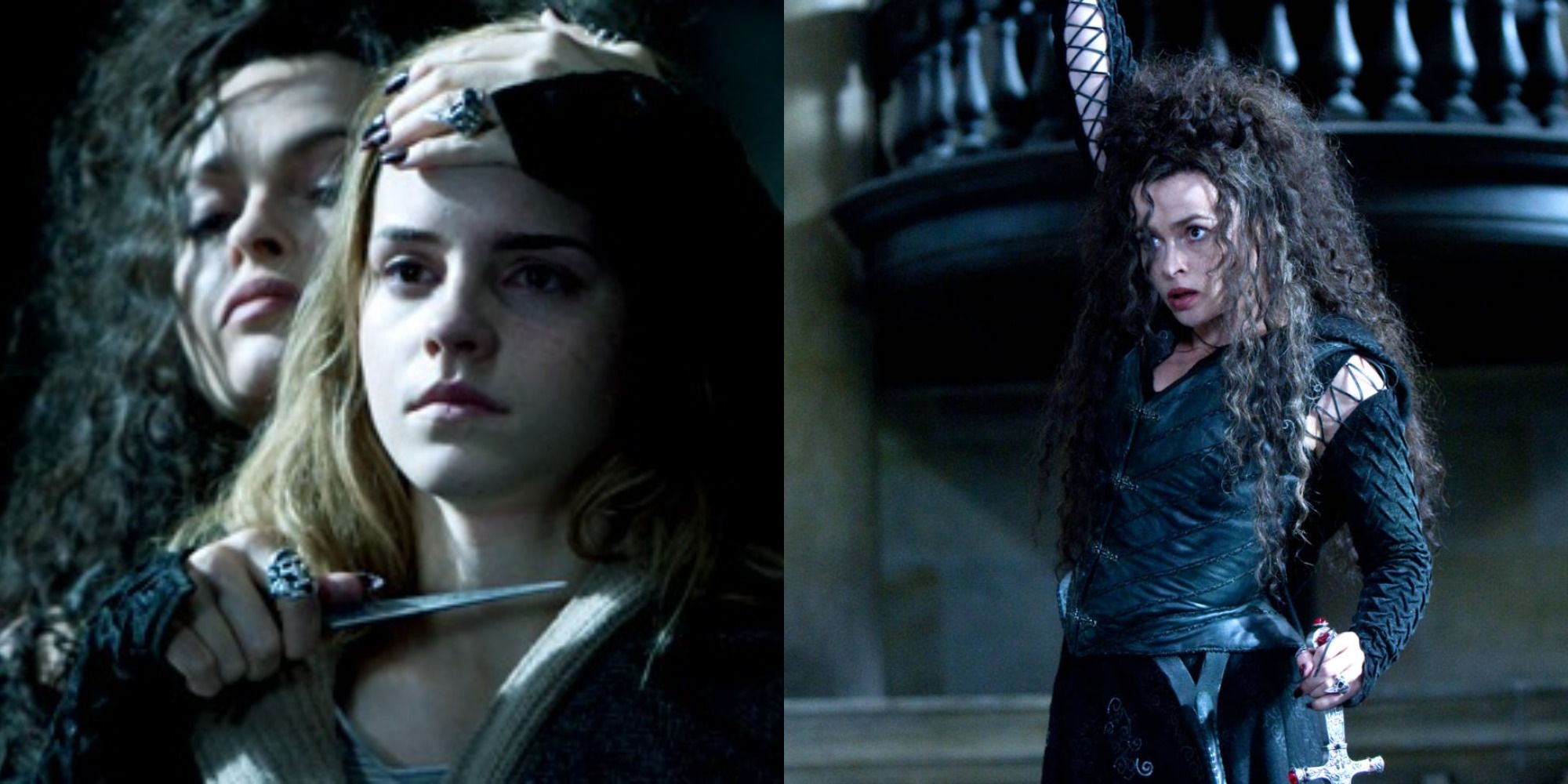 Split image showing Bellatrix torturing Hermione and raising her wand in Harry Potter