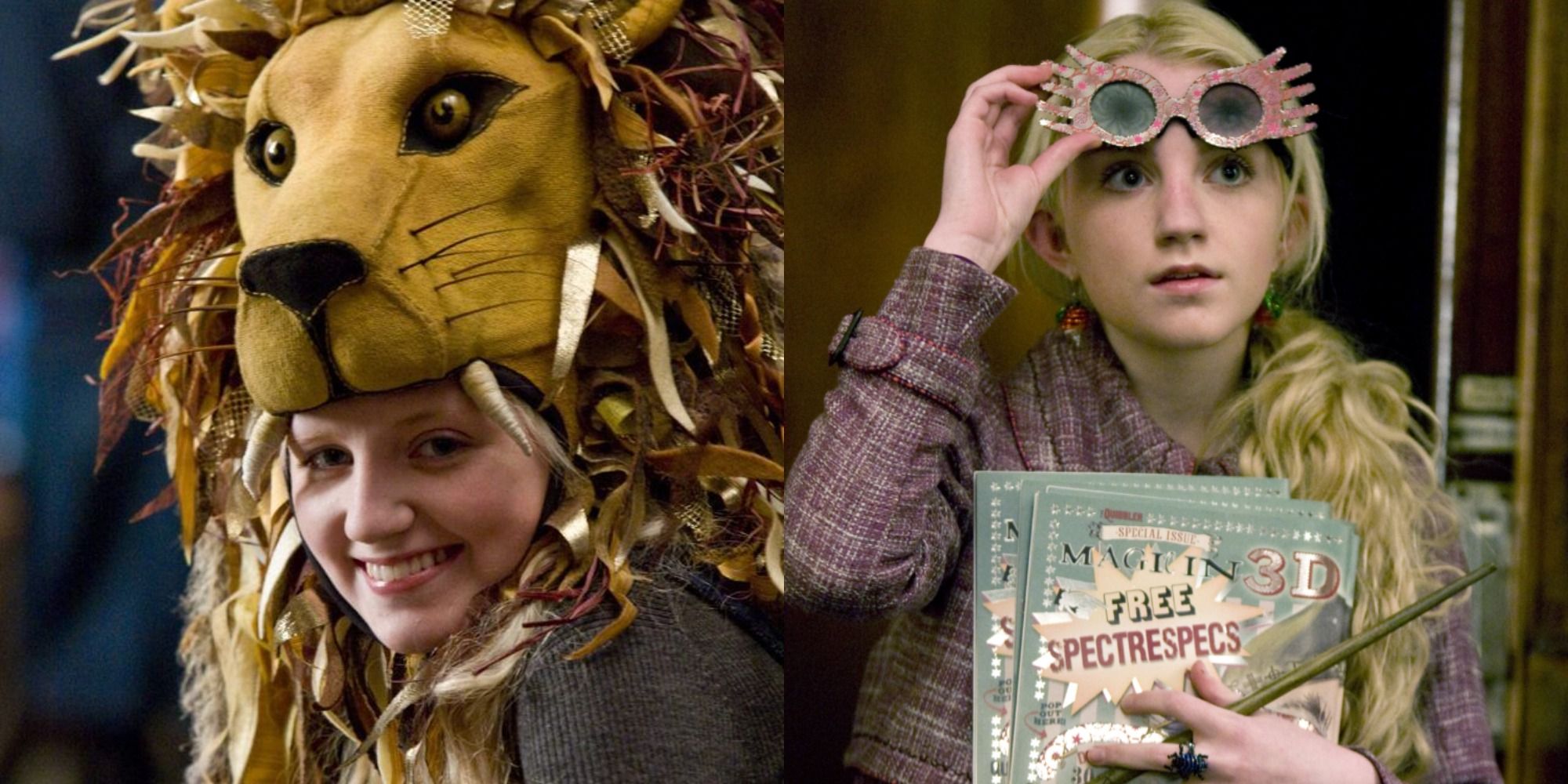 Split image showing Luna Lovegood wearing the lion headdress and wearing glasses in Harry Potter