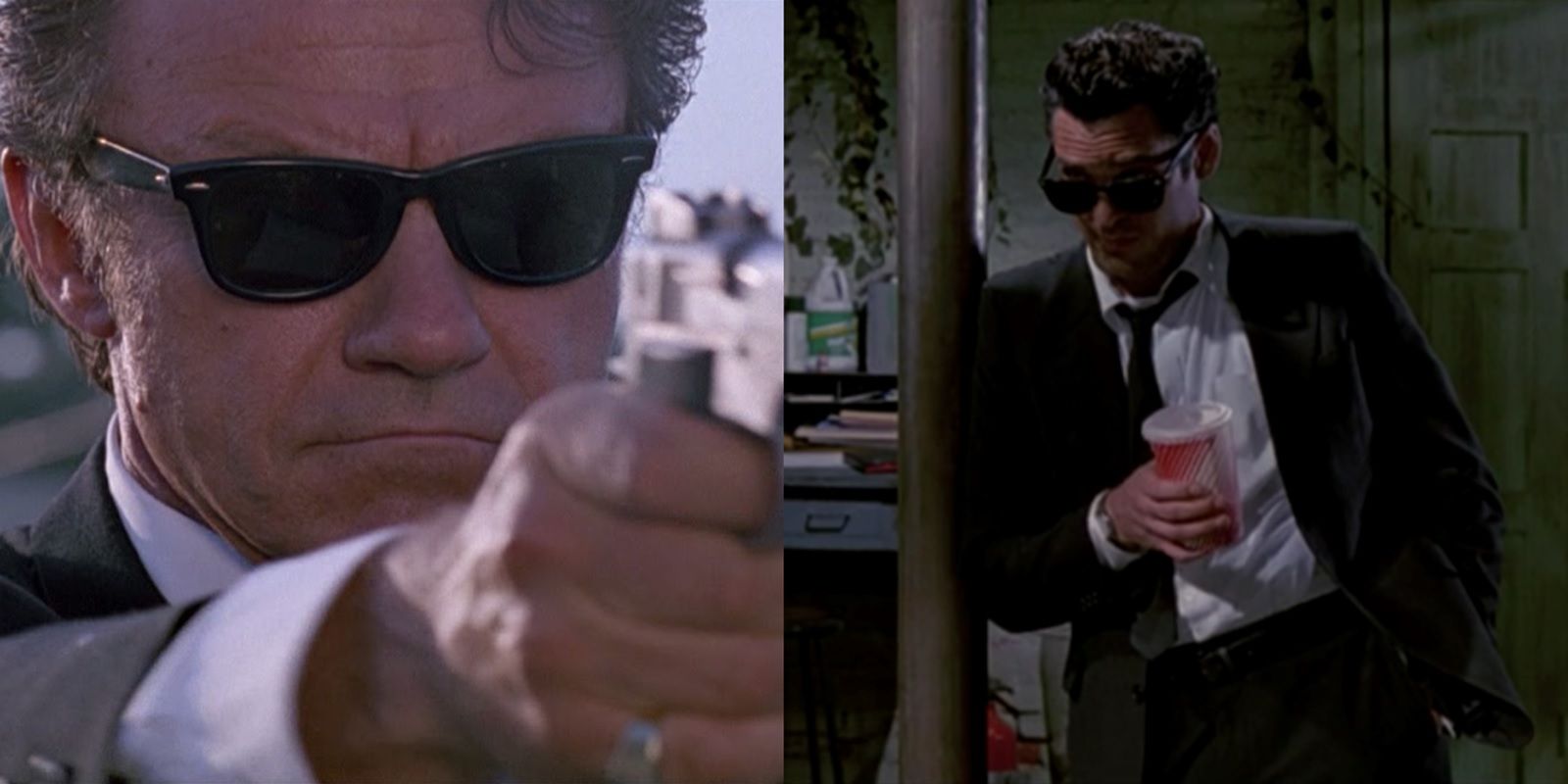 Harvey Keitel holding guns and Michael Madsen drinking soda in Reservoir Dogs