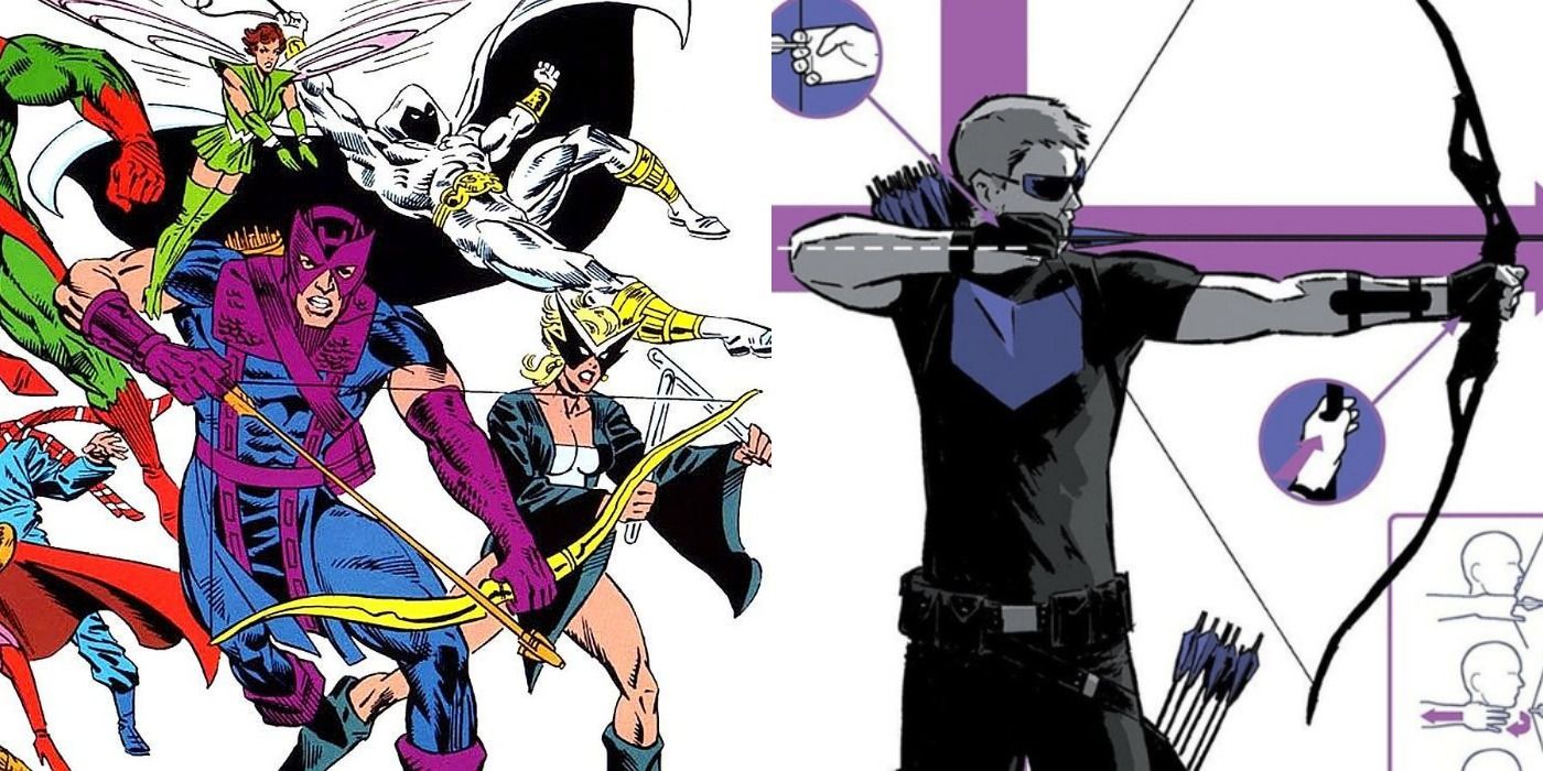 Split image of Hawkeye with the WEst Coast Avengers behind him and Hawkeye about to shoot an arrow.