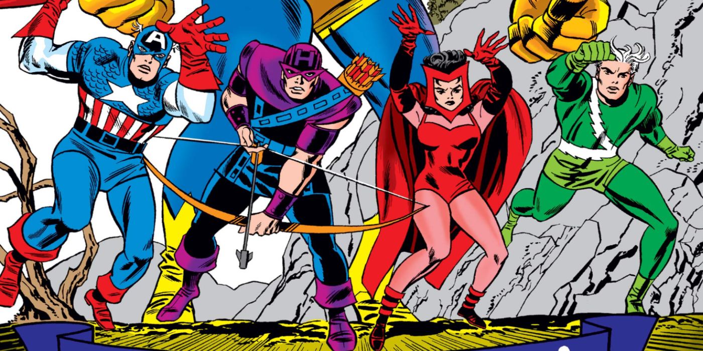 Captain America, Hawkeye, Scarlet Witch, and Quicksilver attack in Marvel Comics.
