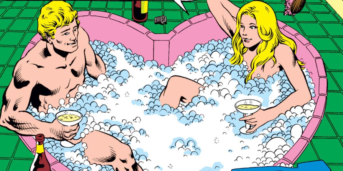 Hawkeye and Mockingbird share a bath in Marvel Comics.