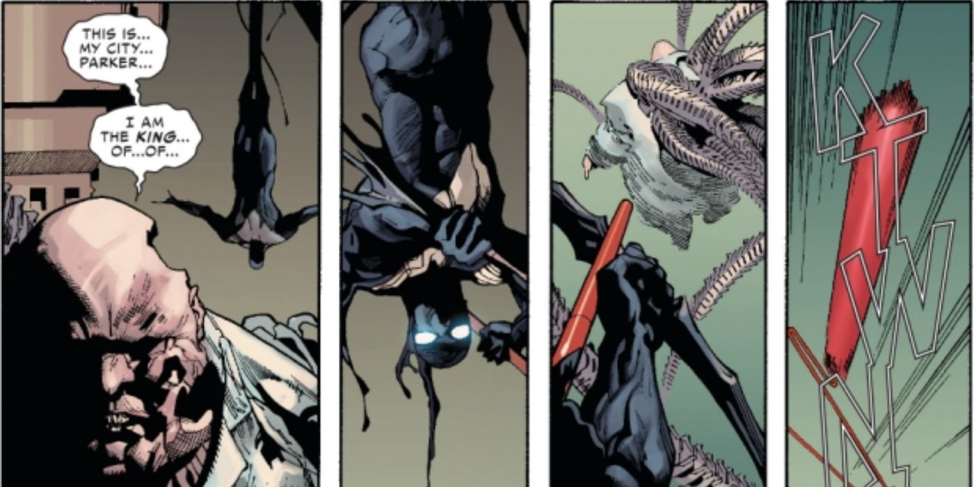 Hawkeye as Venom fires an arrow at Kingpin in Secret Wars comics