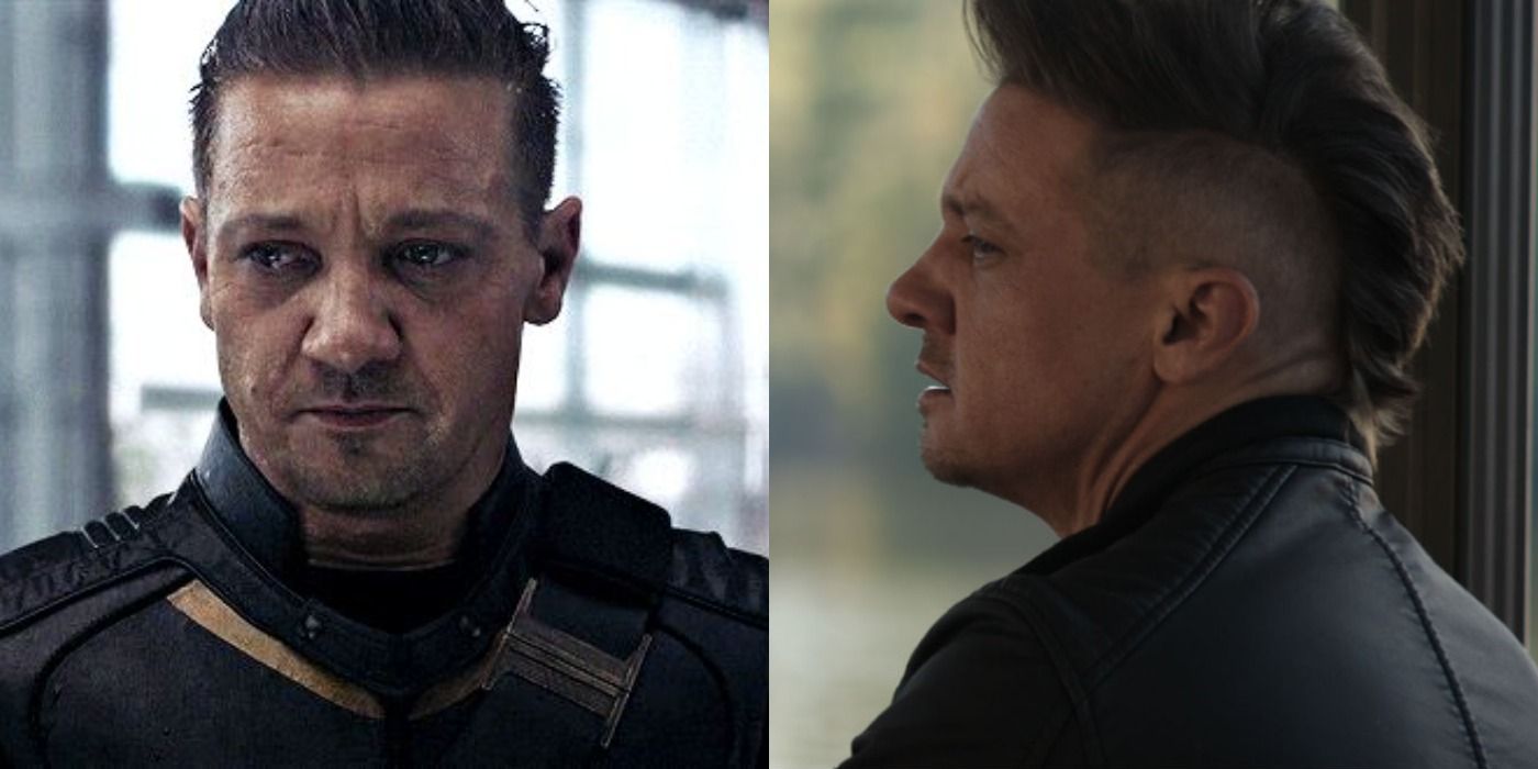 Split image of Jeremy Renner as Hawkeye looking at the camera and a side profile shot of the archer.