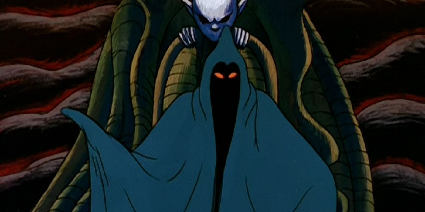 Darkdream cloaked in his robe and sitting on his throne in He-Man &amp; The Masters of the Universe