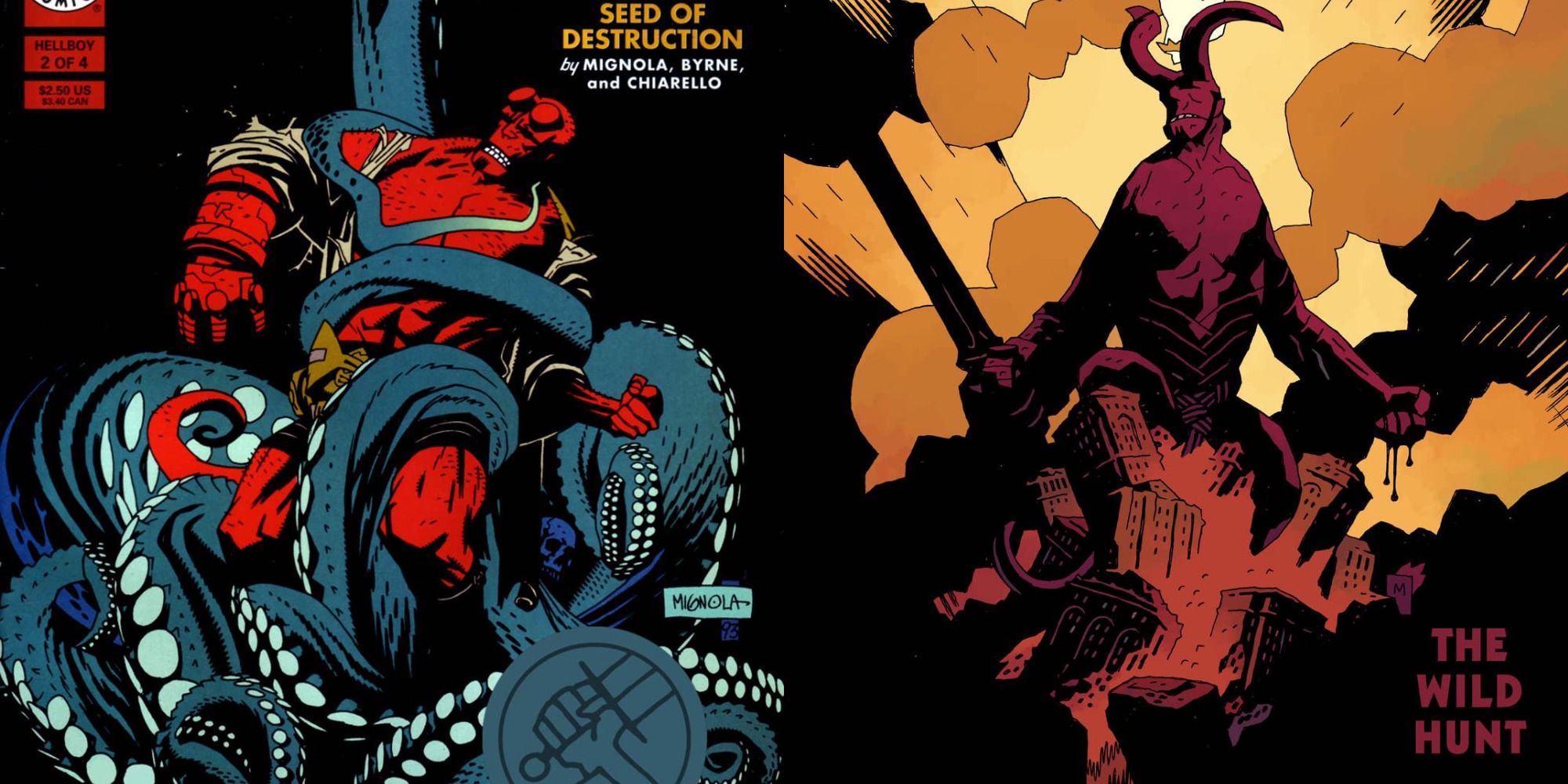 Split image showing the covers for Hellboy Seed of Destruction and The Wild Hunt.