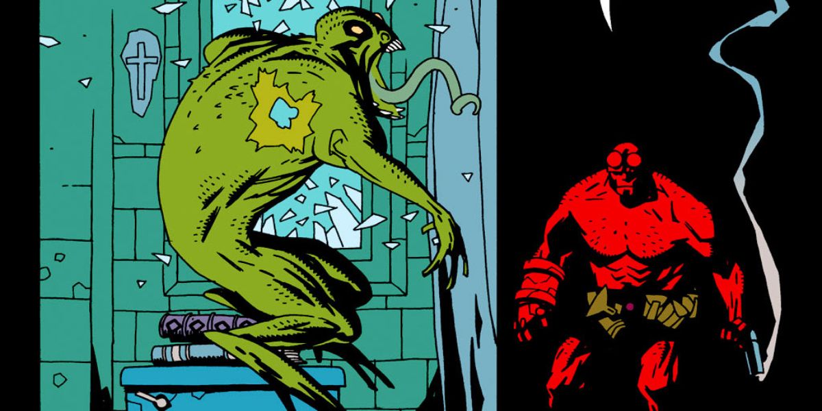 The Frog monster crashes through a window to confront Hellboy.