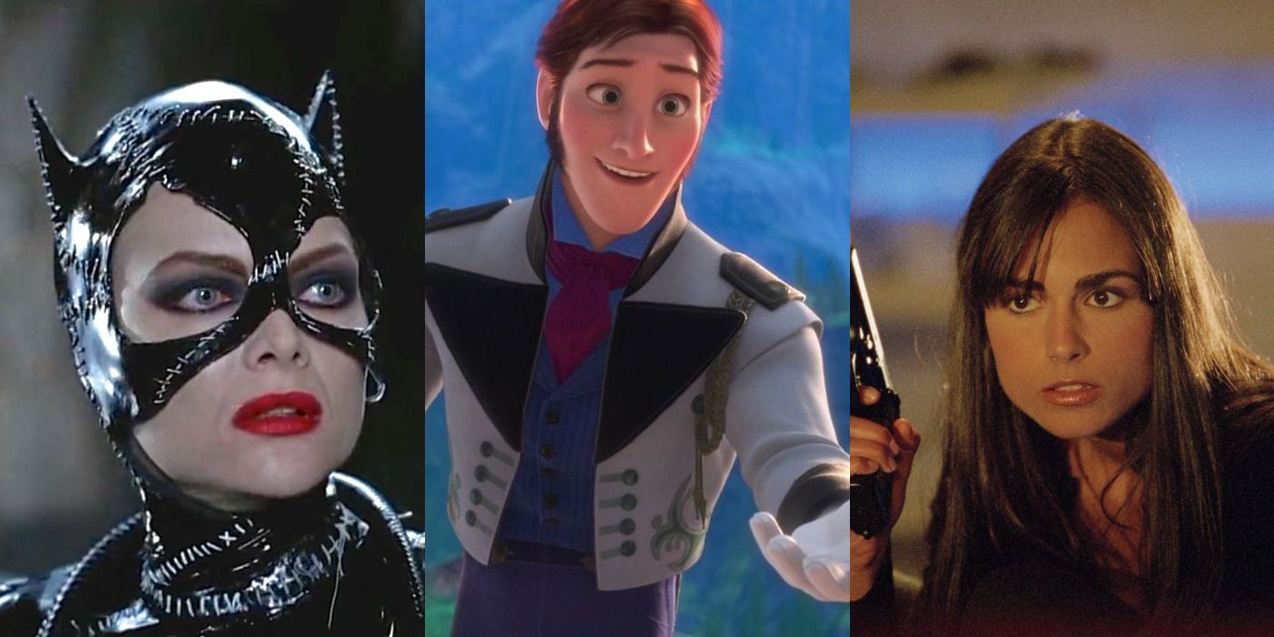 Split image of Catwoman in Batman Returns, Prince Hans in Frozen, and Lucy Diamond from D.E.B.S..