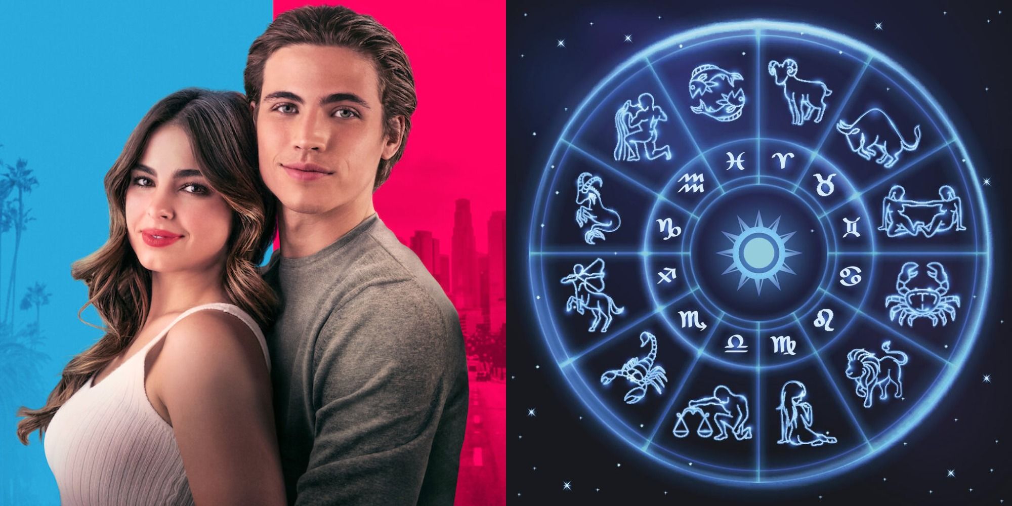 Split image of the He's All That poster and the zodiac wheel