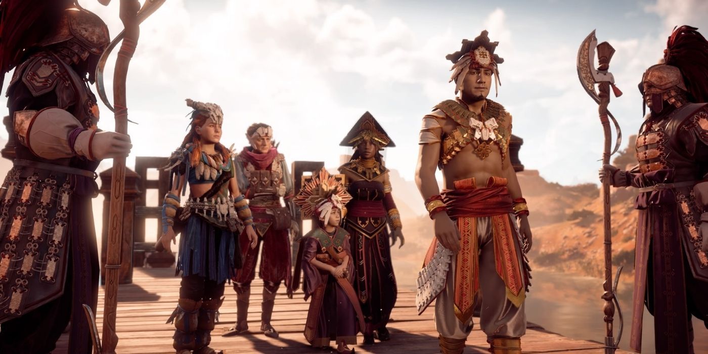 A group of people gathered in Horizon Zero Dawn