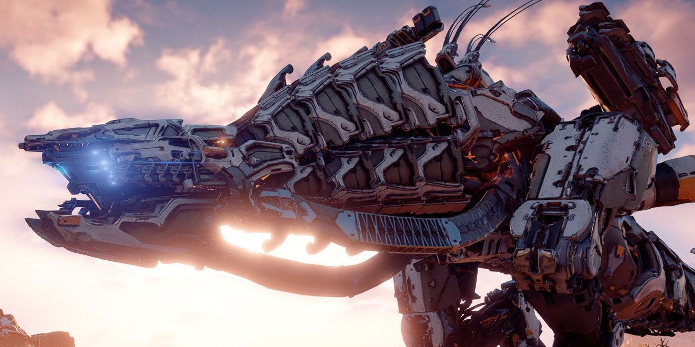 A giant robot stands in the sunlight in Horizon Zero Dawn.
