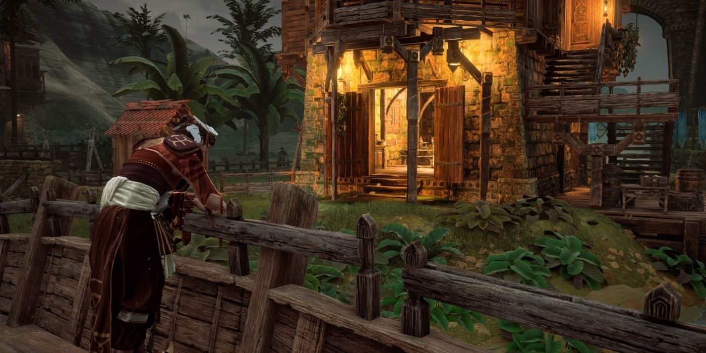 A character leans against a wooden fence in Horizon Zero Dawn