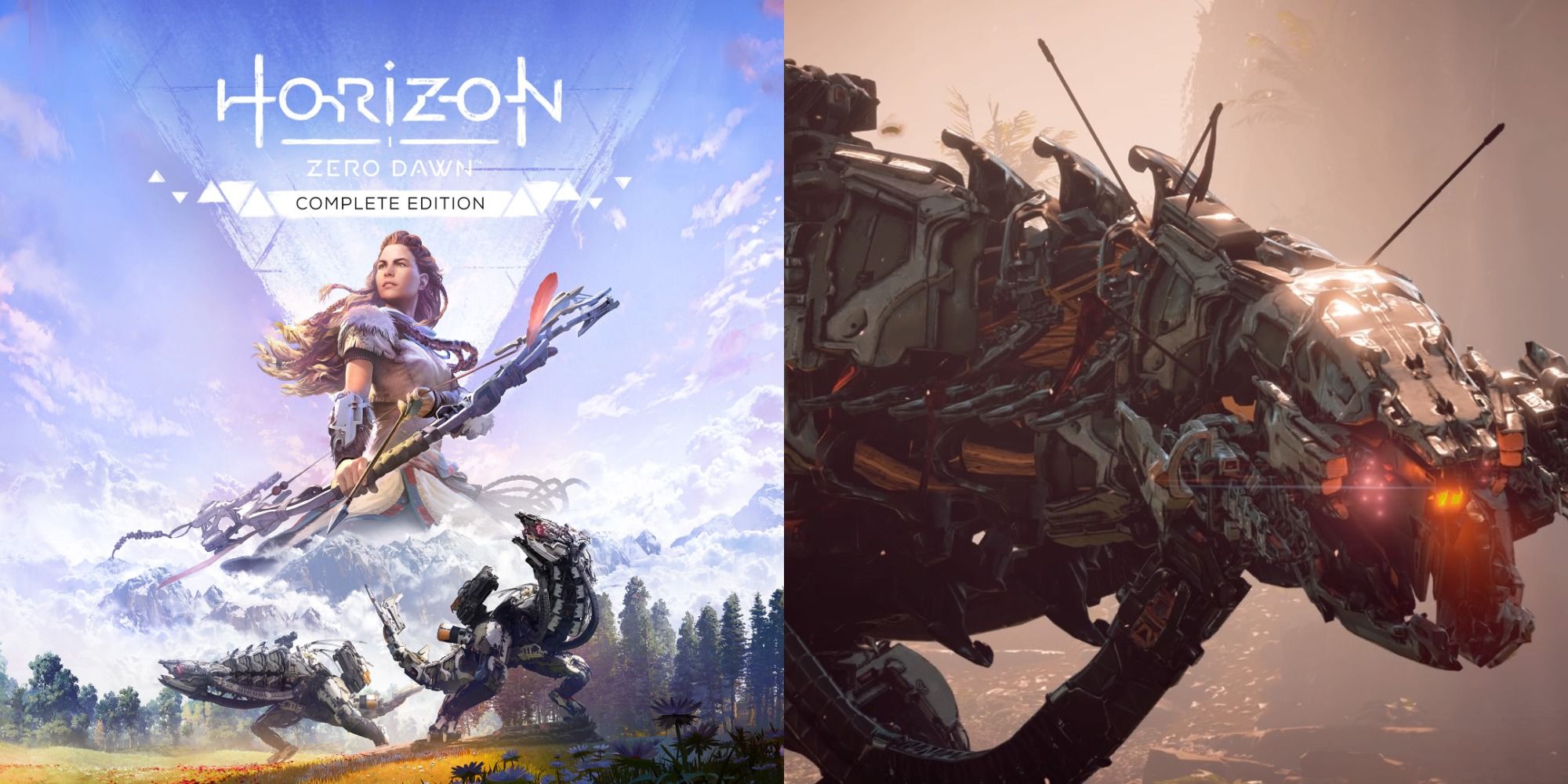 Split image showing the cover to Horizon Zero Legends and the Redmaw machine