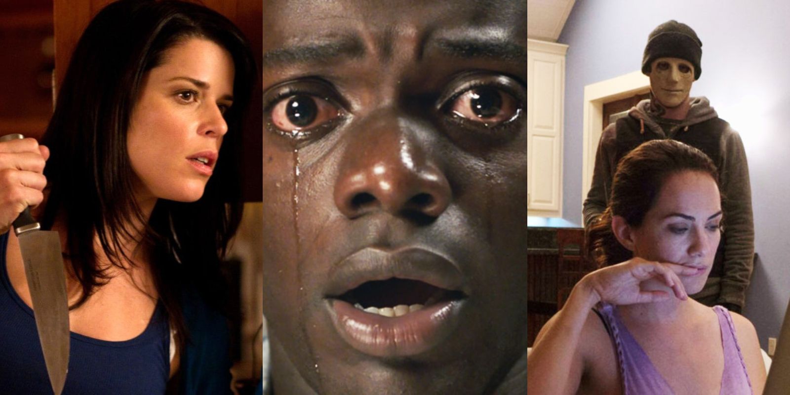 Split image: Neve Campbell holds a knif in Scream, Daniel Kaluuya cries in Get Out and the killer stalks a victim in Hush