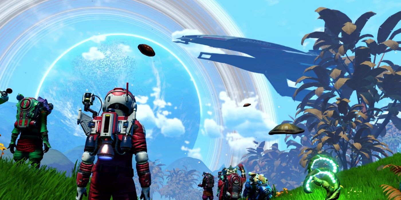 Astronauts in a sunny and green world in No Man’s Sky
