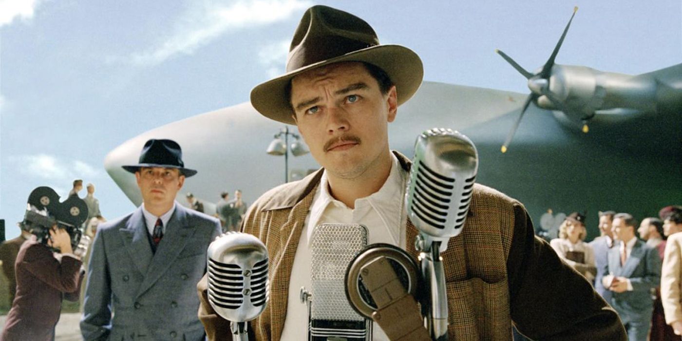 Howard Hughes talking to reporters in The Aviator.