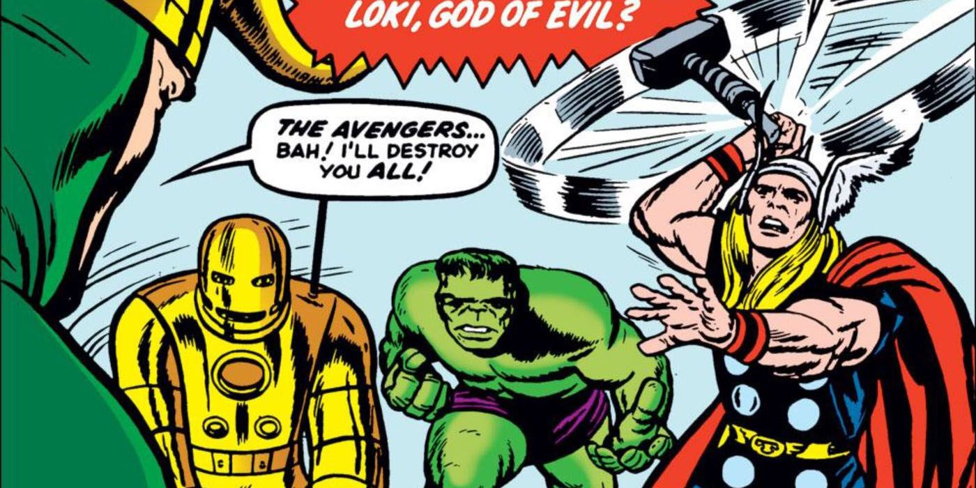 Hulk and the Avengers fighting Loki in Marvel Comics.