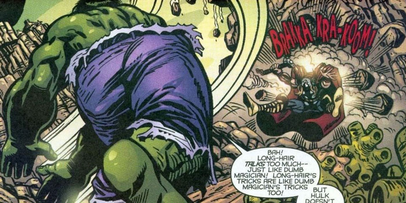 Hulk punches Thor through a wall.