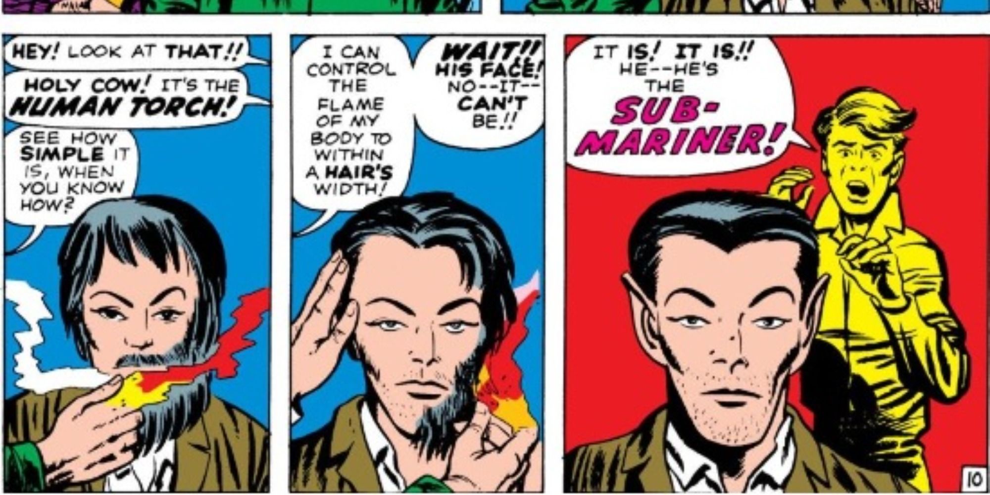 Human Torch burns off the beard of Namor in Fantastic Four comic.