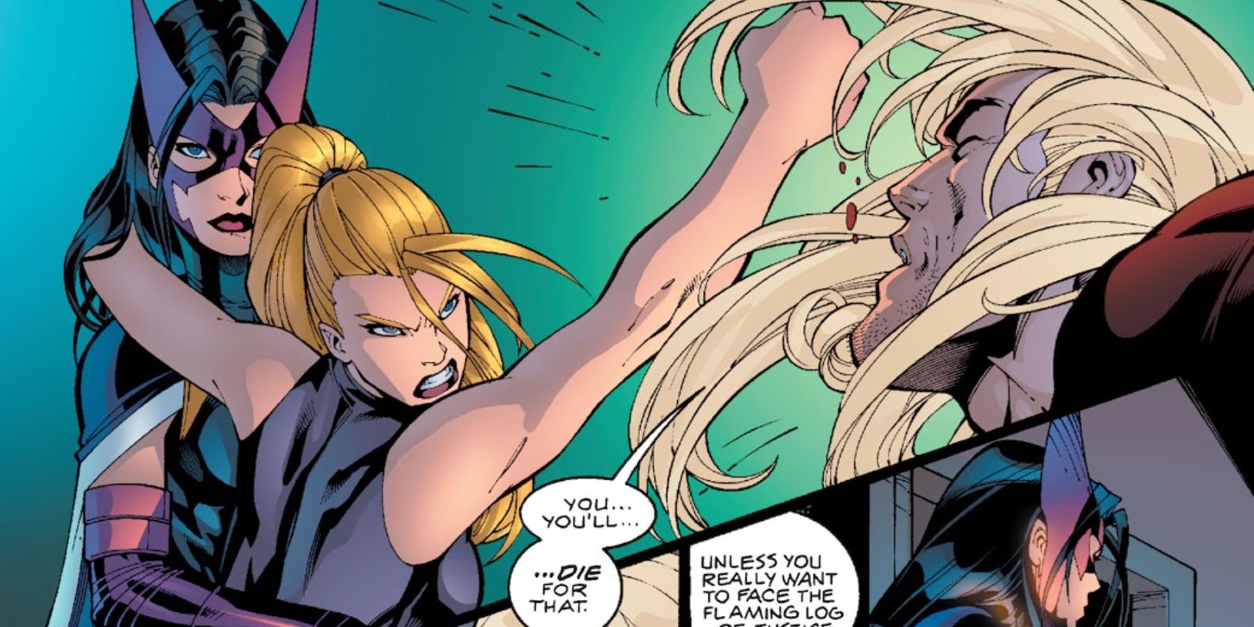 Huntress holding Black Canary as she punches Savant in Birds Of Prey: Of Like Minds