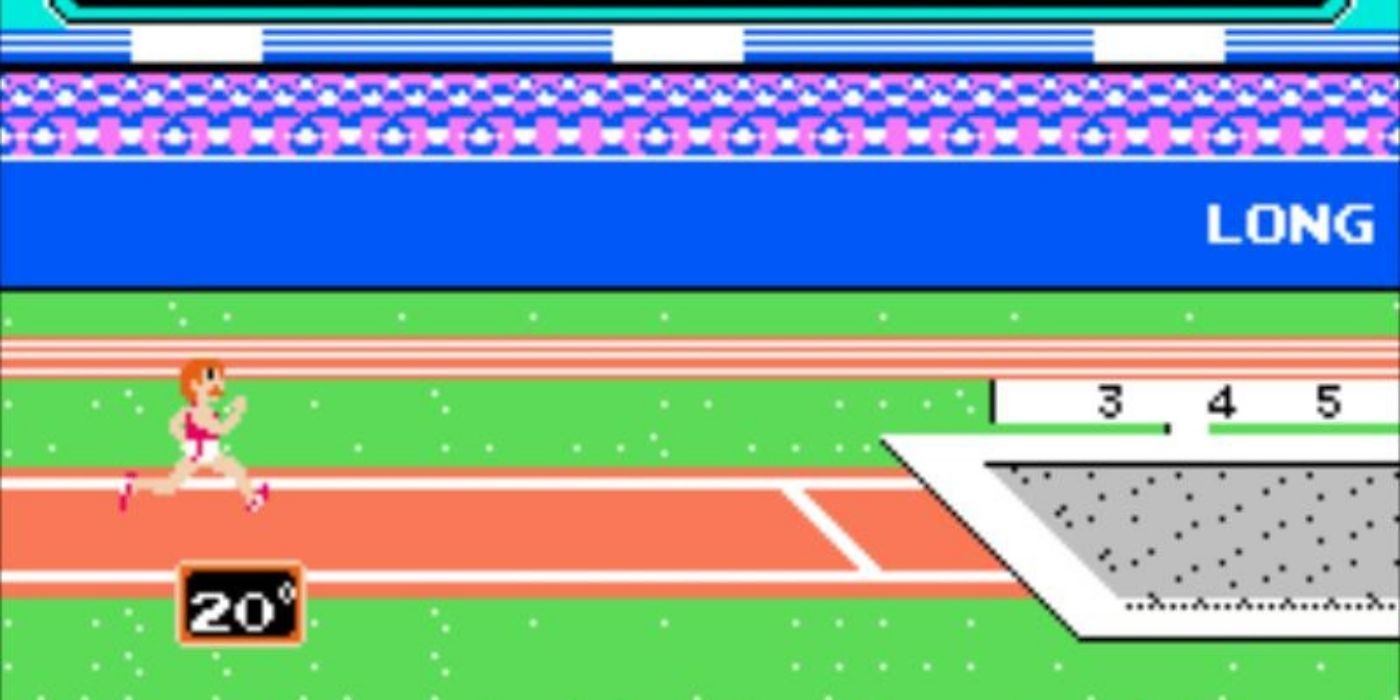 A character running track in the Hyper Olympic video game