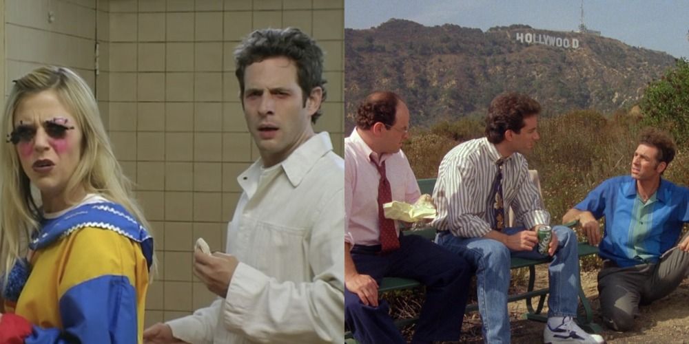 Dennis and Dee in costumes Always Sunny in Philadelphia/George, Jerry, Kramer of Seinfeld in front of Hollywood sign.
