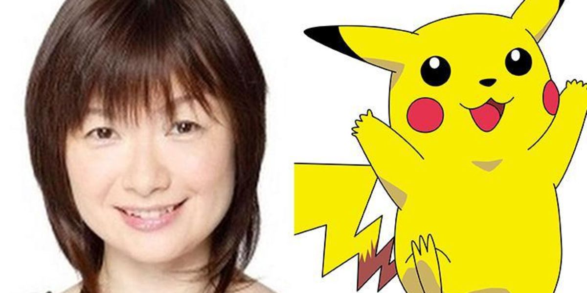 Voice actor Ikue Otani next to a happy Pikachu from Pokemon