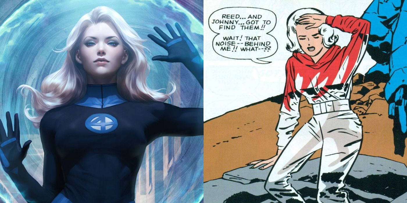 Split image of Invisible Woman creating shiled and turning invisible from Marvel Comics.