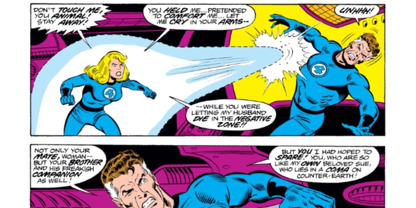 Invisible Woman fights Brute version of Mr. Fantastic in Marvel Comics.
