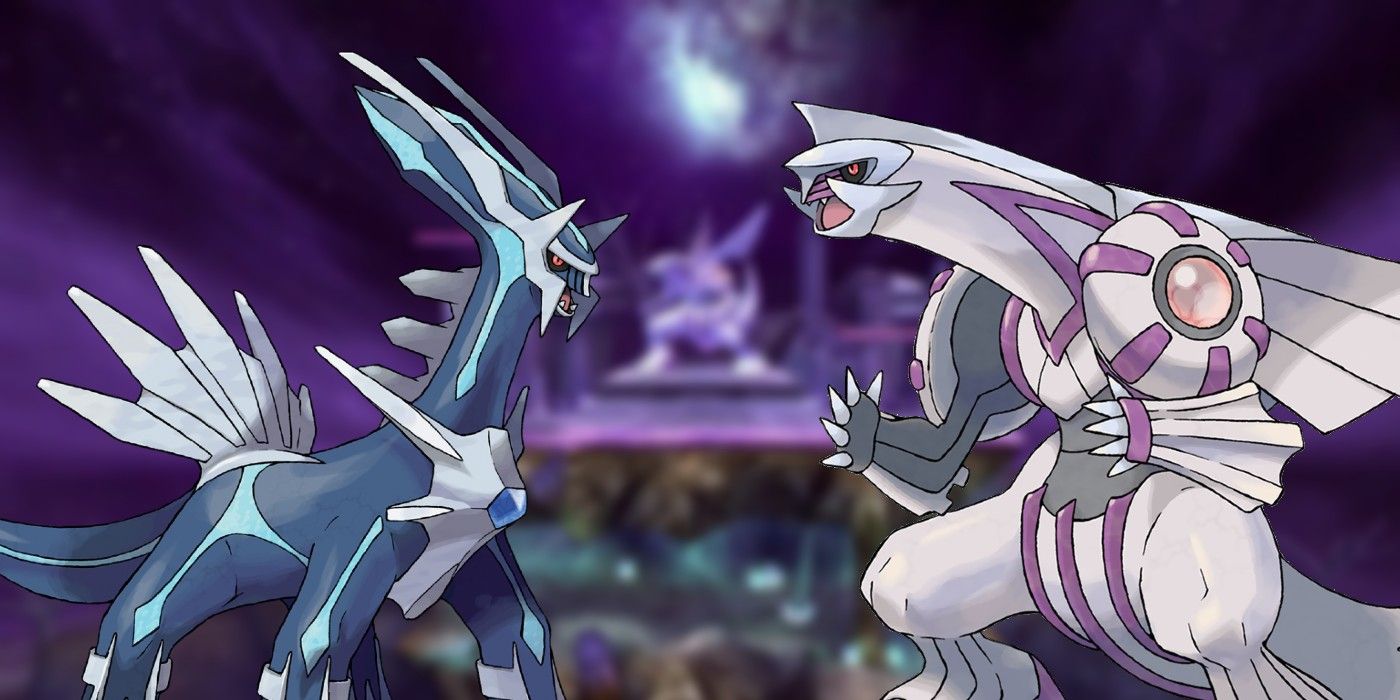 The legendary Pokémon Palkia and Dialga starting at each other