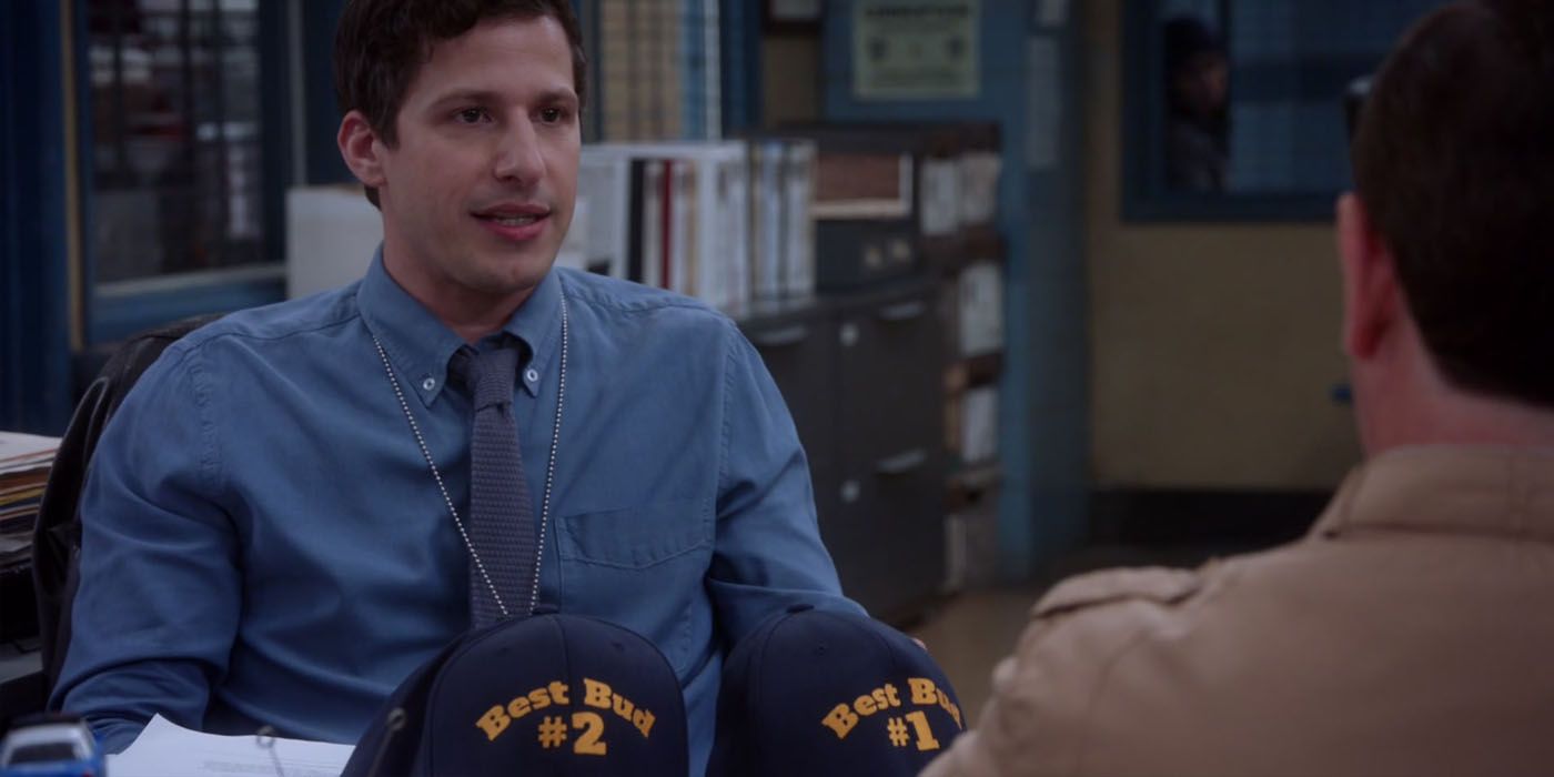 Jake and Charles with their Best Bud hats on Brooklyn Nine-Nine