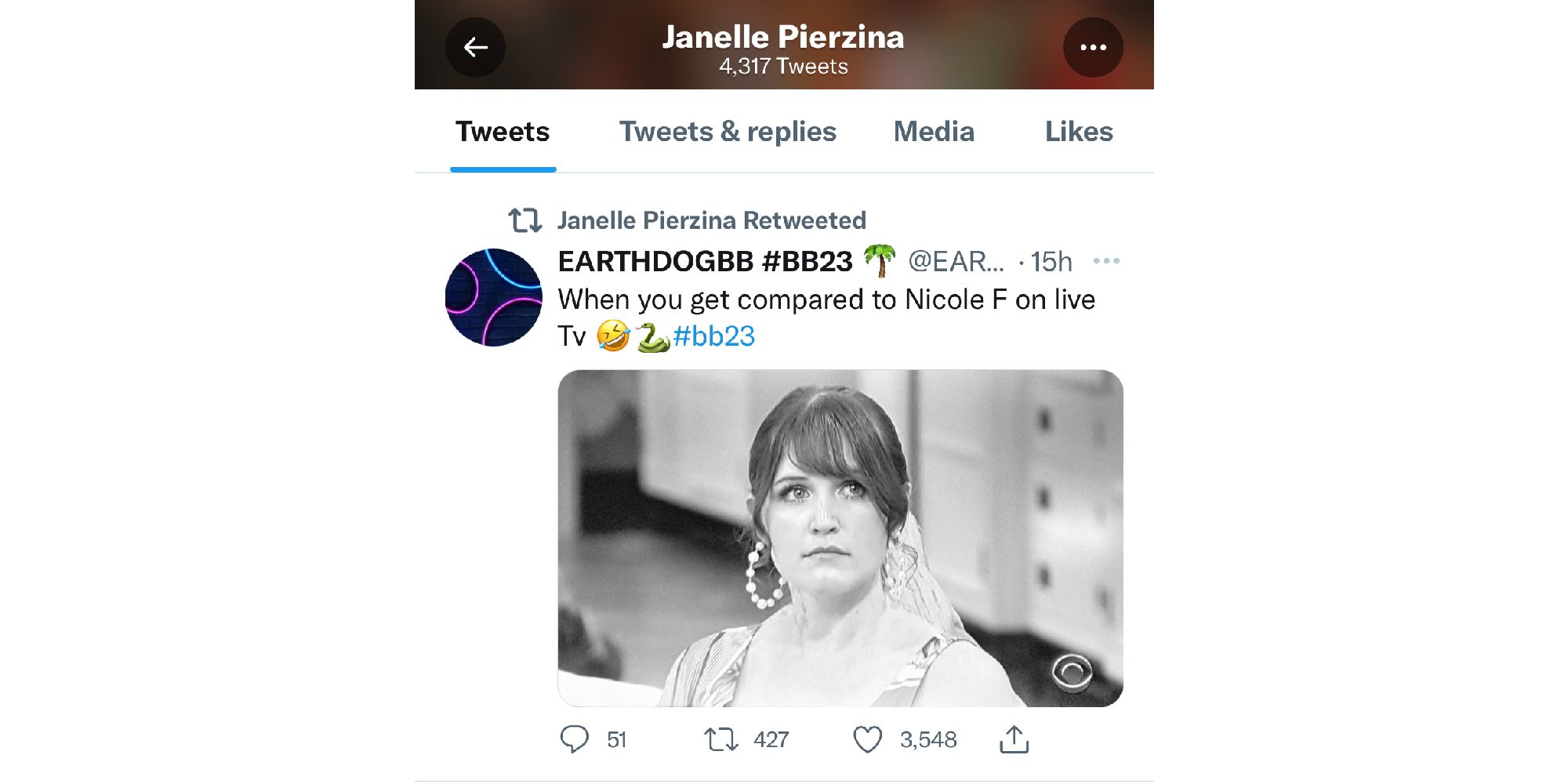 Janelle Pierzina retweets fan talking about Sarah Beth Steagall from Big Brother 23