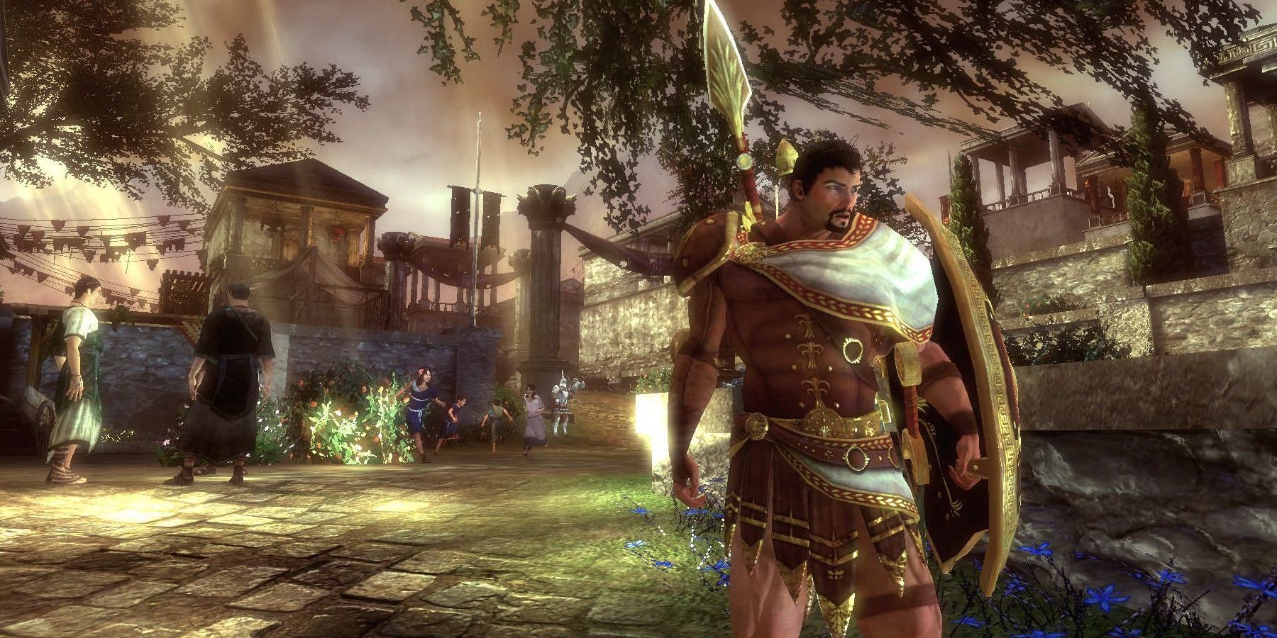 Jason holding a shield in a garden in Rise of the Argonauts