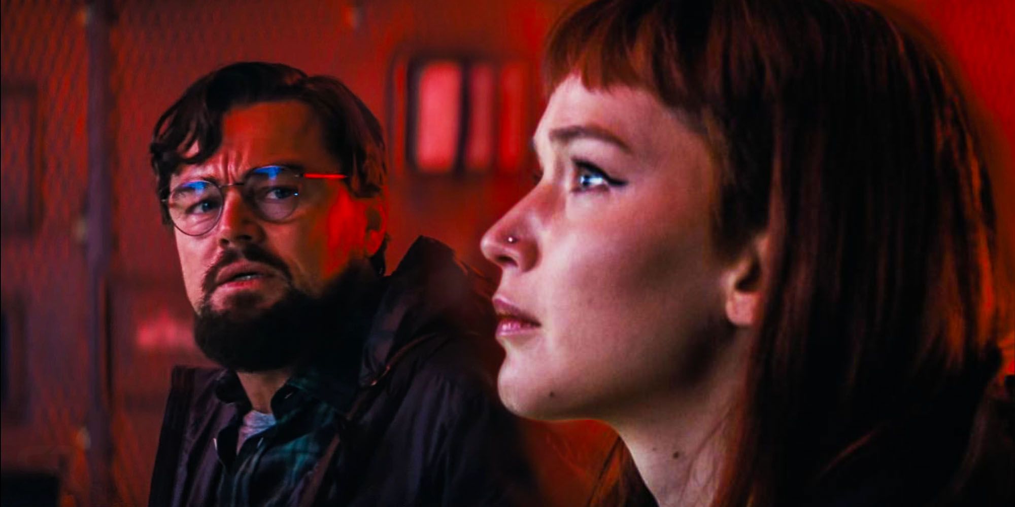 Leonardo Dicaprio looking at Jennifer Lawrence in a scene from the upcoming Dont Look Up