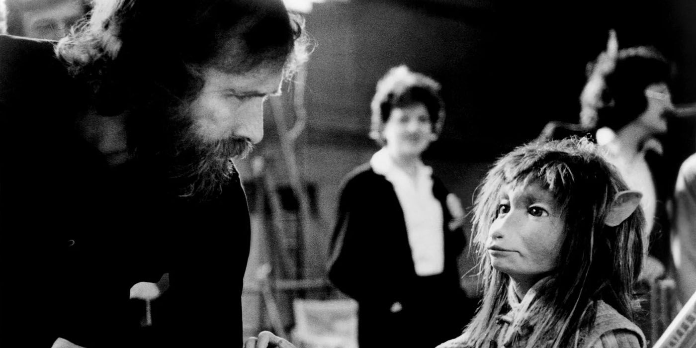 Jim Henson with the Jen puppet on the set of The Dark Crystal