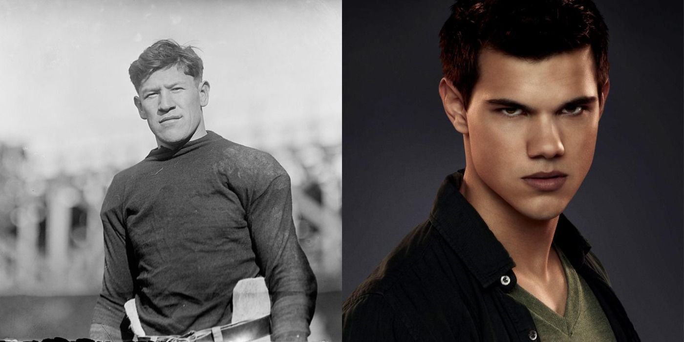 Split image of Jim Thorpe in football uniform and Jacob from Twilight