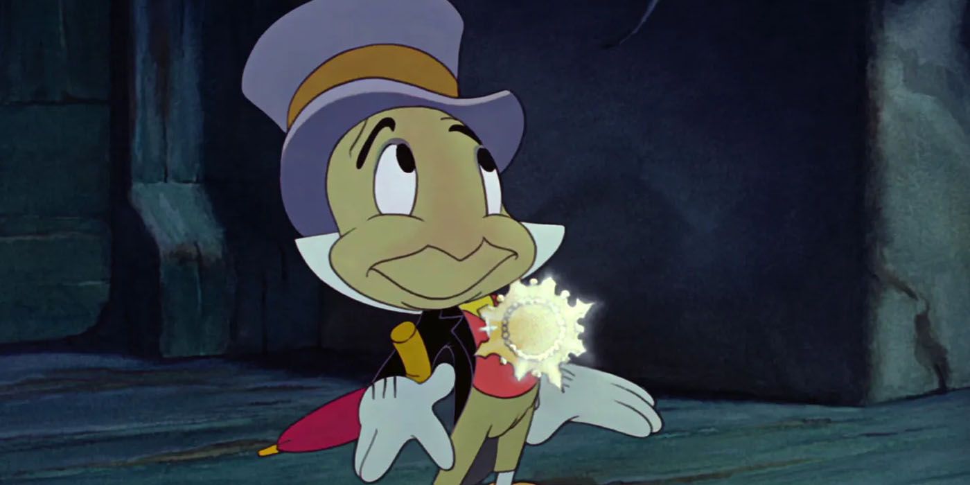 Jiminy Cricket with his golden conscience badge in Pinocchio.