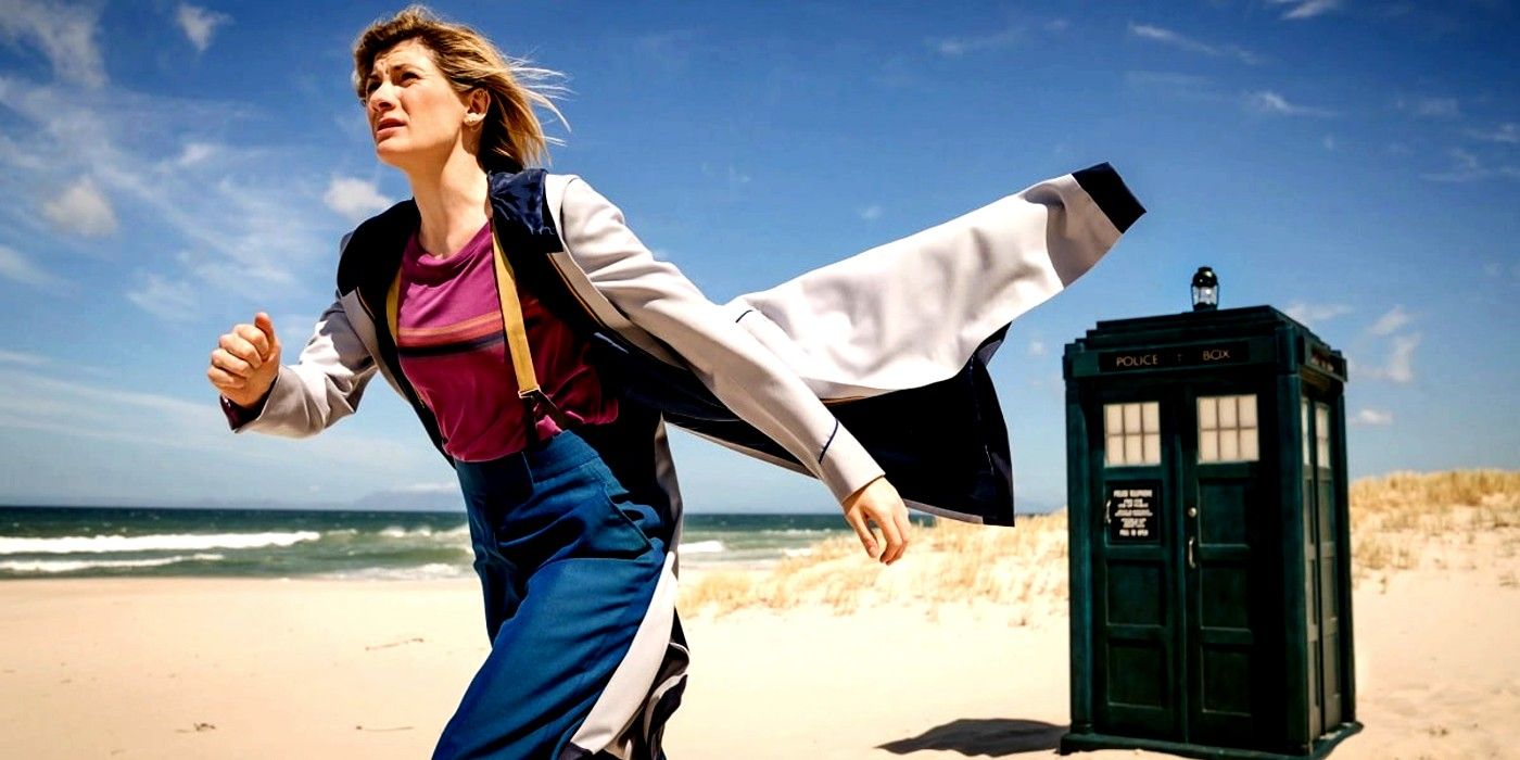 Jodie Whittaker running across the sand in Doctor Who