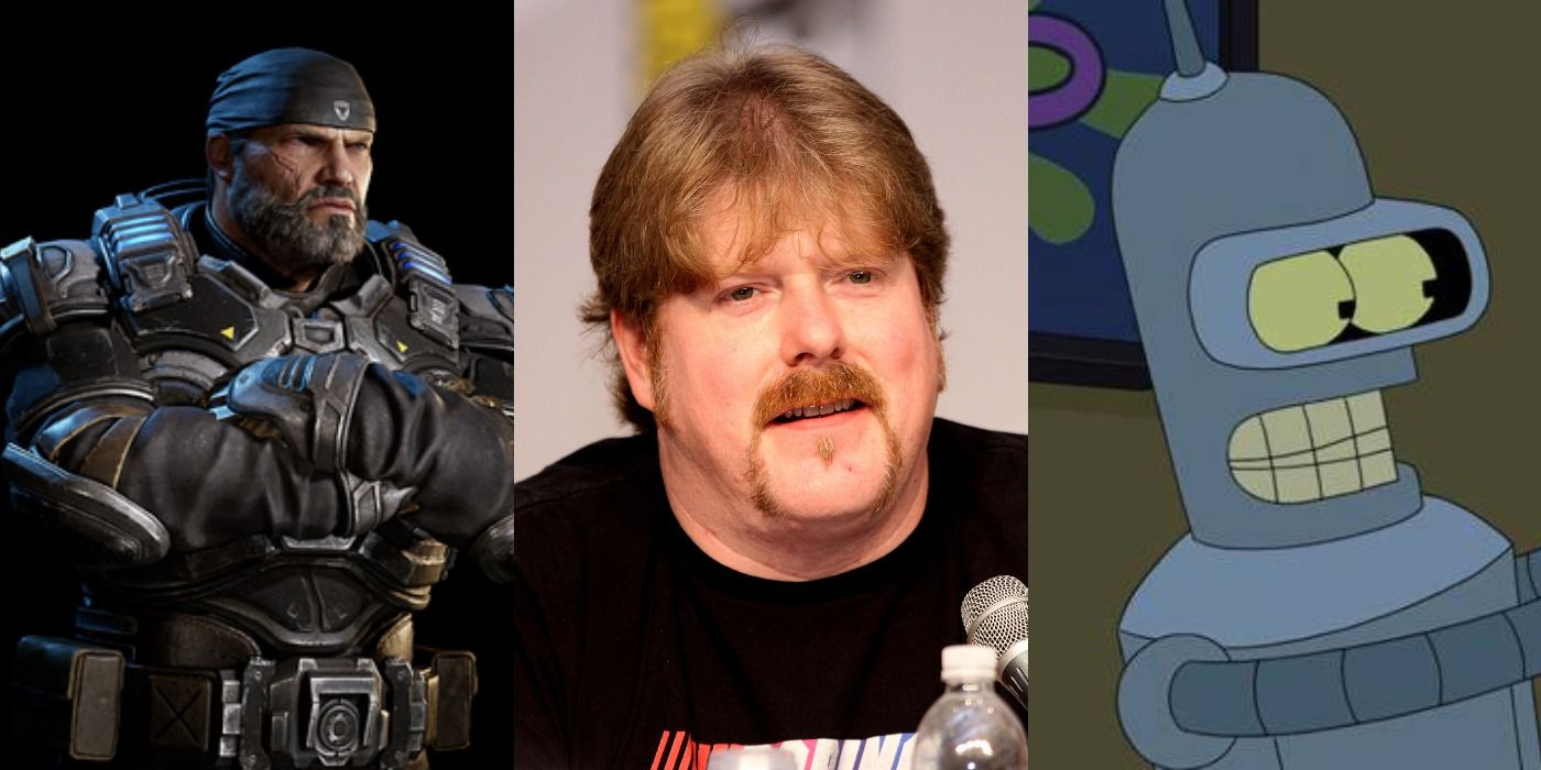 Split image showing Marcus Fenix from Gears of War, John Dimaggio, and Bender from Futurama