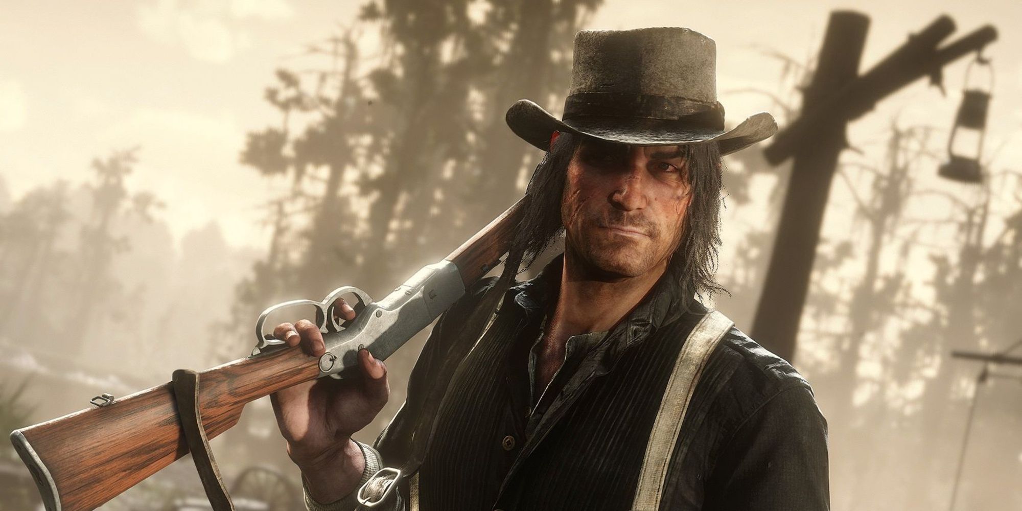 John Marston holding a rifle in Red Dead Redemption 2.