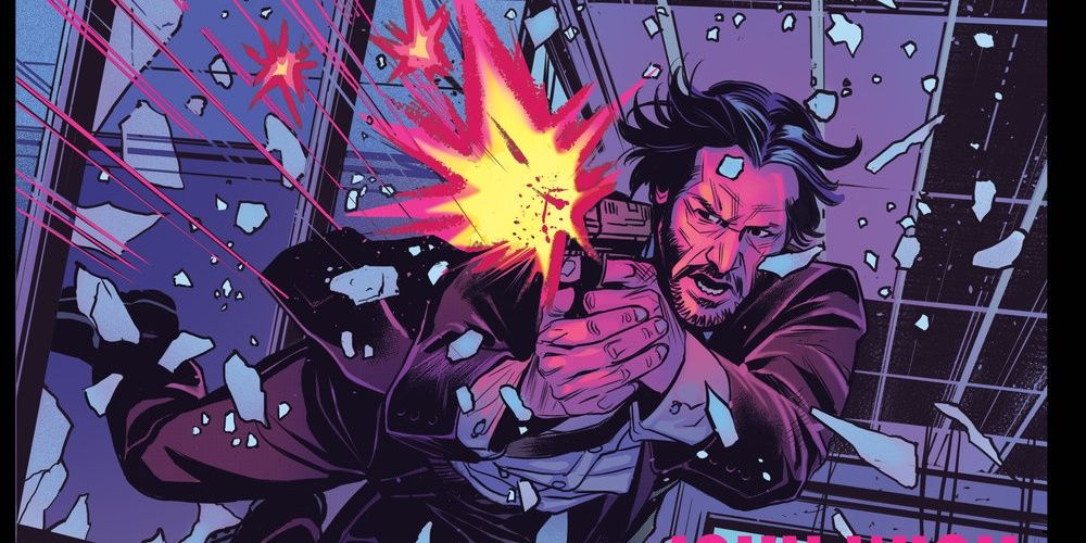 John Wick firing a gun in the comics