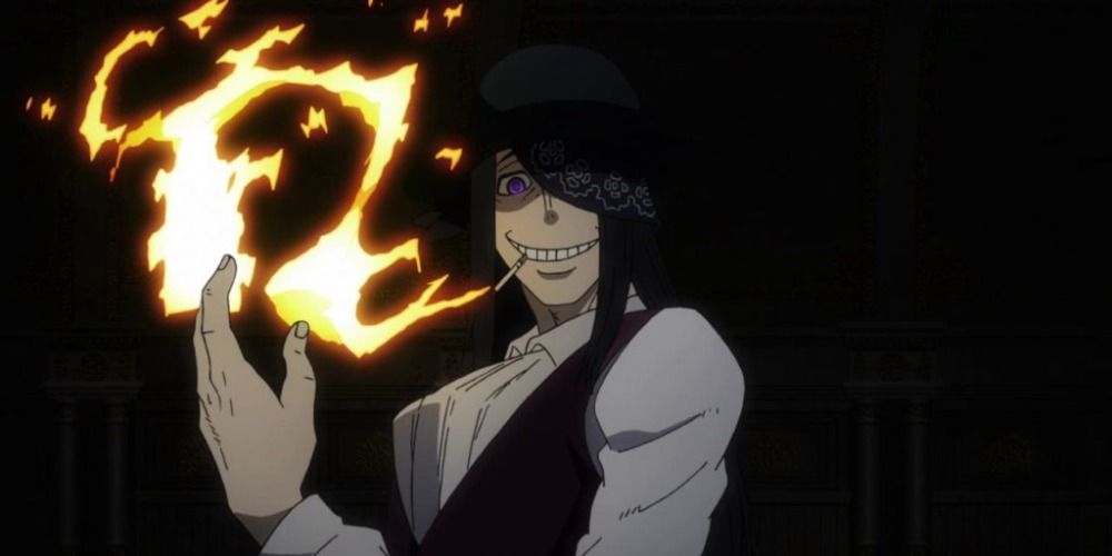 Joker from Fire Force with flames pouring from his hand into his cigarette.