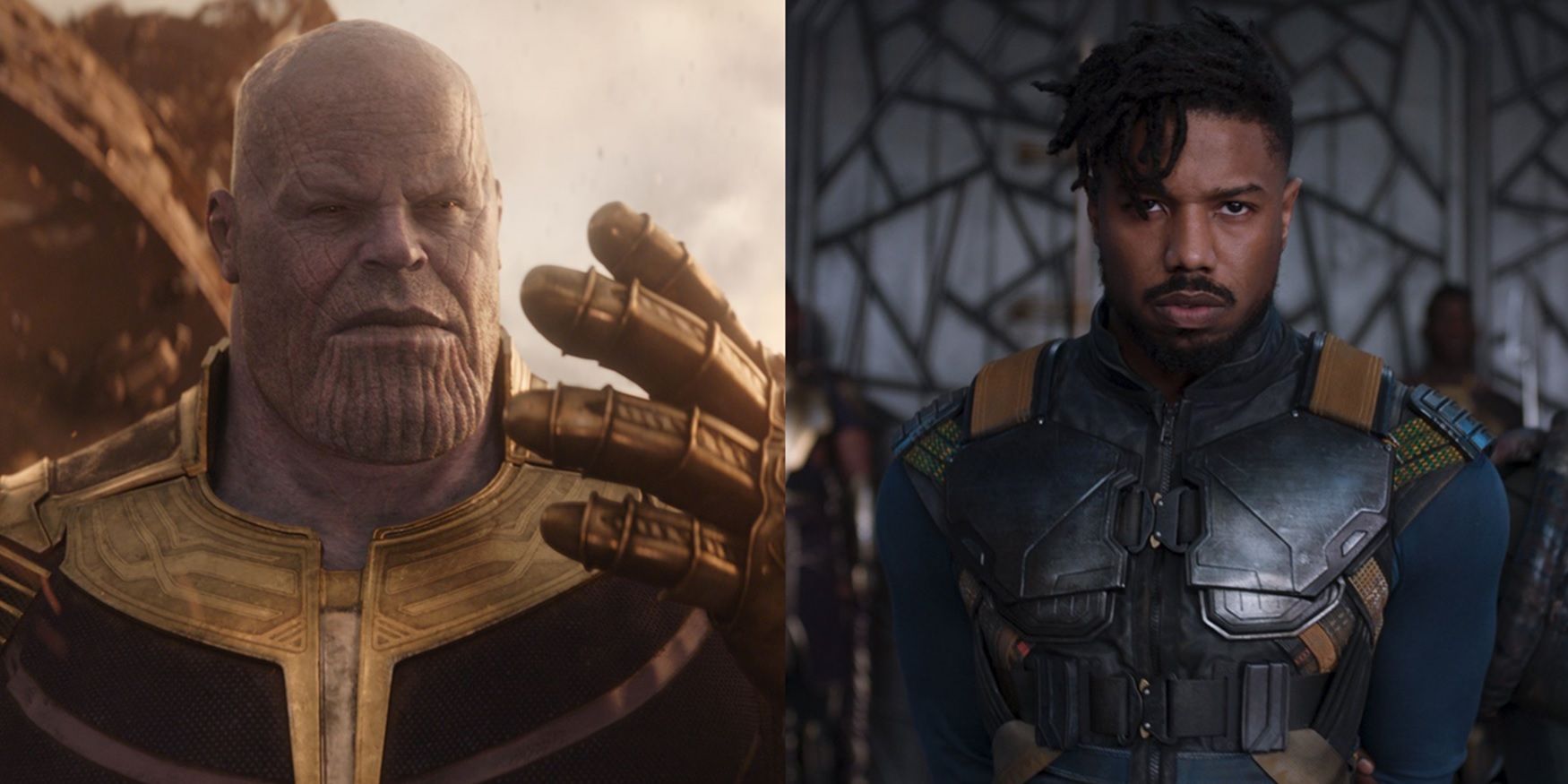 Josh Brolin as Thanos in Avengers Infinity War and Michael B Jordan as Killmonger in Black Panther