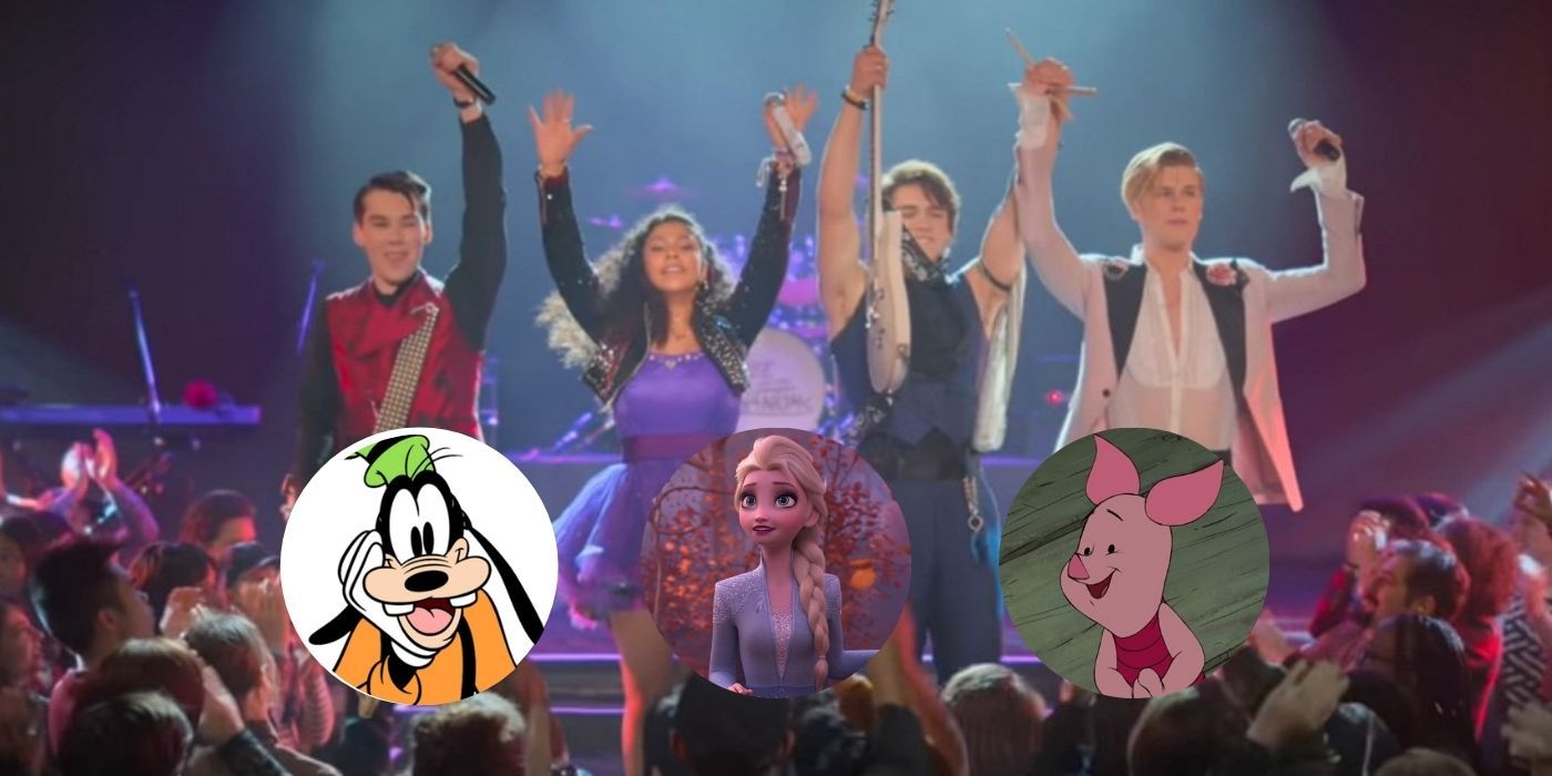 The characters of Julie and the Phantoms on stage raising their arms in the air. Images of Goofy and Piglet from Disney cartoons inset.